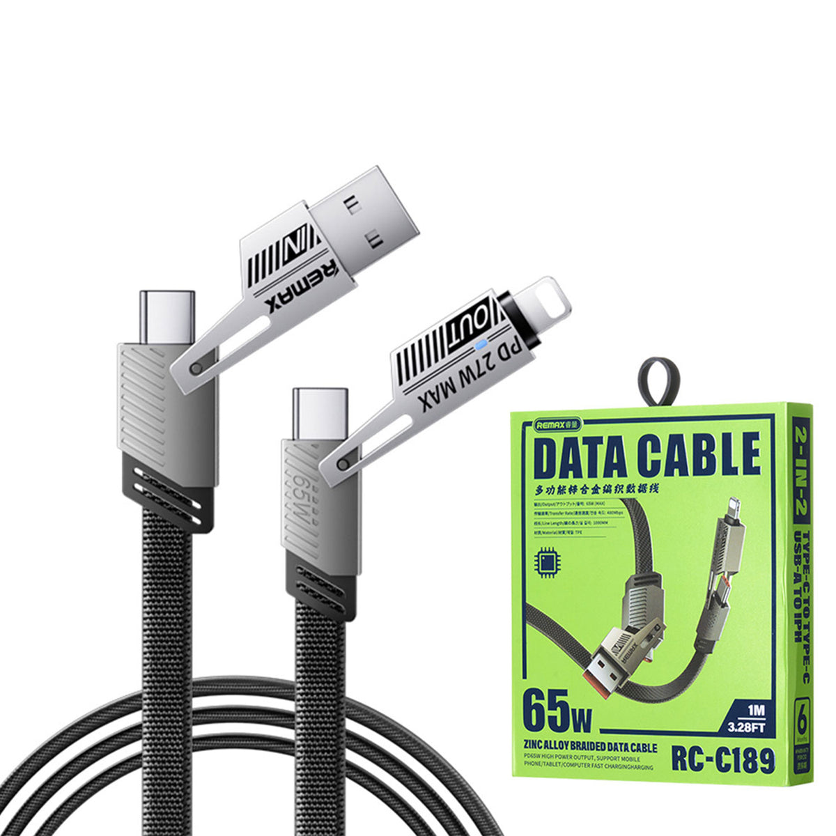 65W Fast Charging 4-in-1 Cable — One Cable for iPhone, Android & Laptop